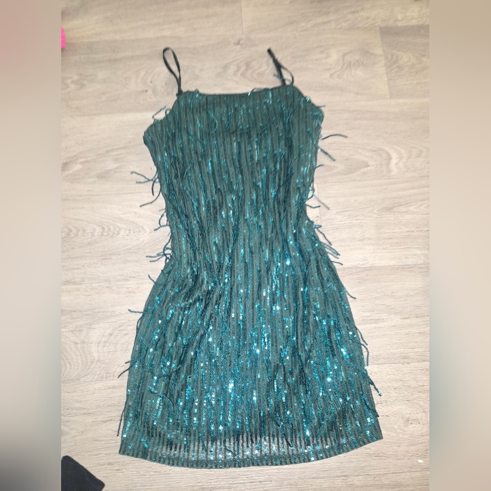 Trixxi Teal Sequin Fringe Strap Dress